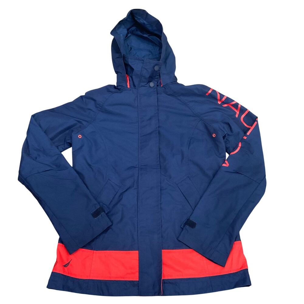 Nautica Rain Jacket Women’s Large Blue Red Hooded Windbreaker